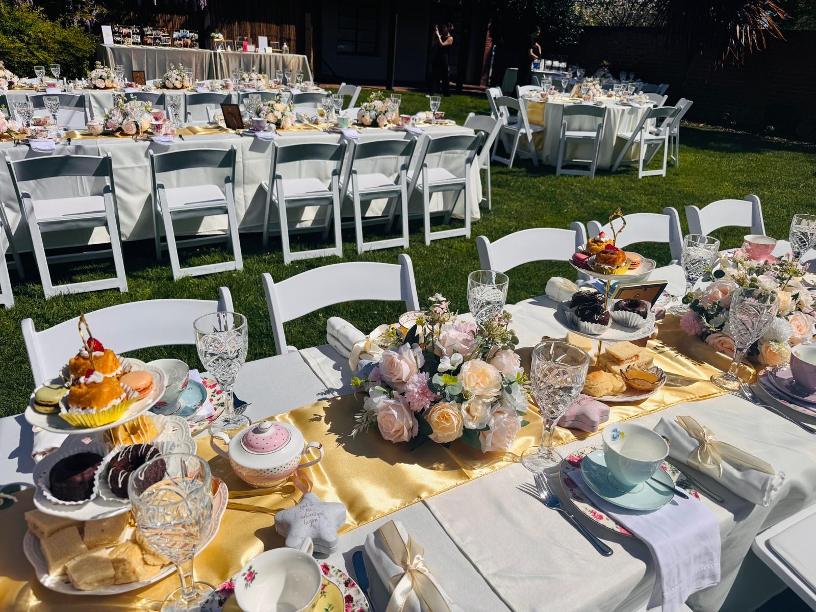 Large garden tea party setup